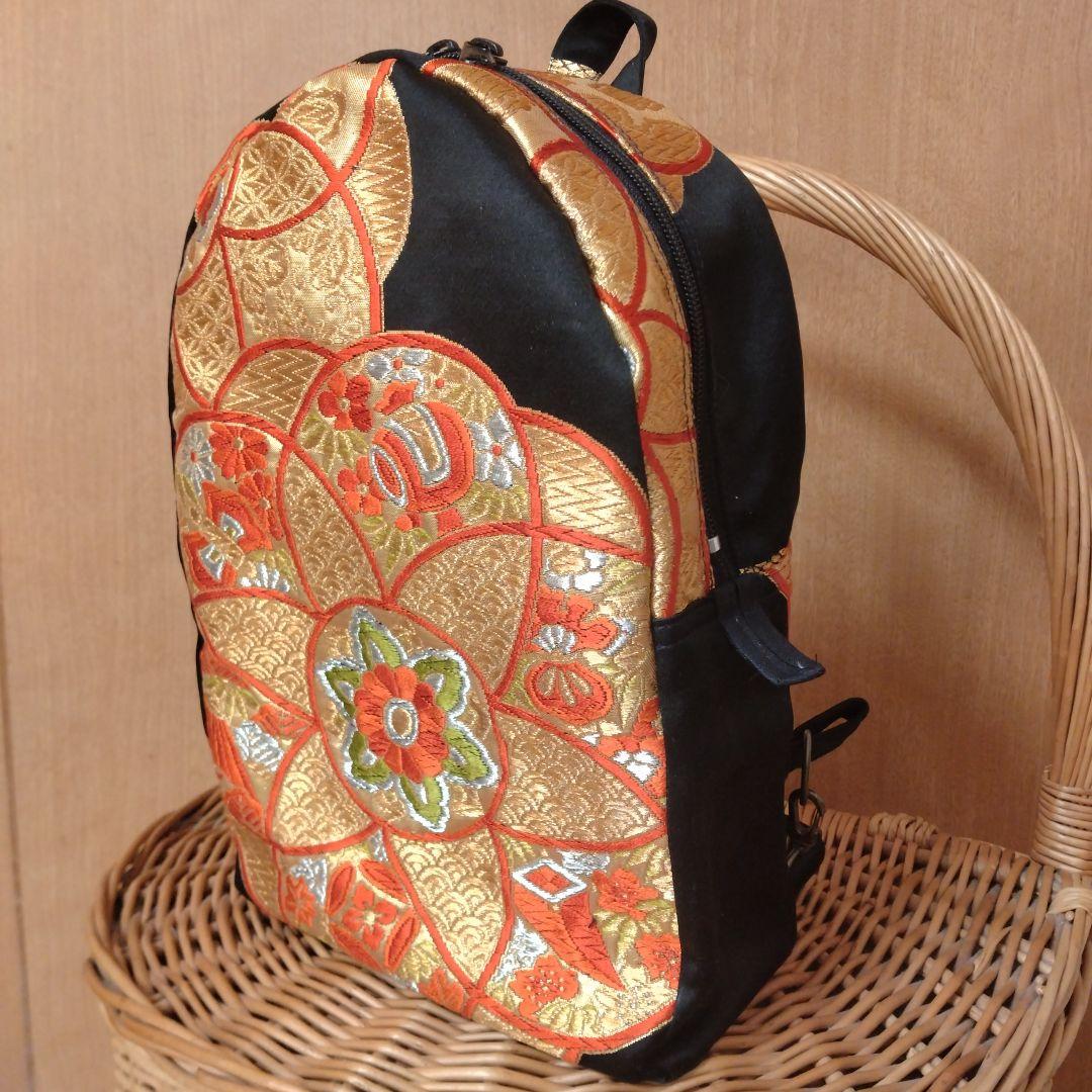 帯リメイク　ボディバッグ　金糸朱色　着物メイク