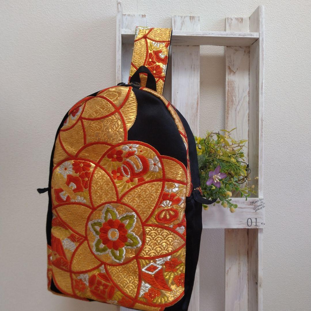 帯リメイク　ボディバッグ　金糸朱色　着物メイク