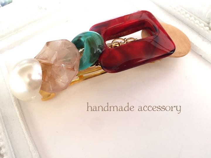 REDスクエア×ナチュラルwood   ヘアバレッタ