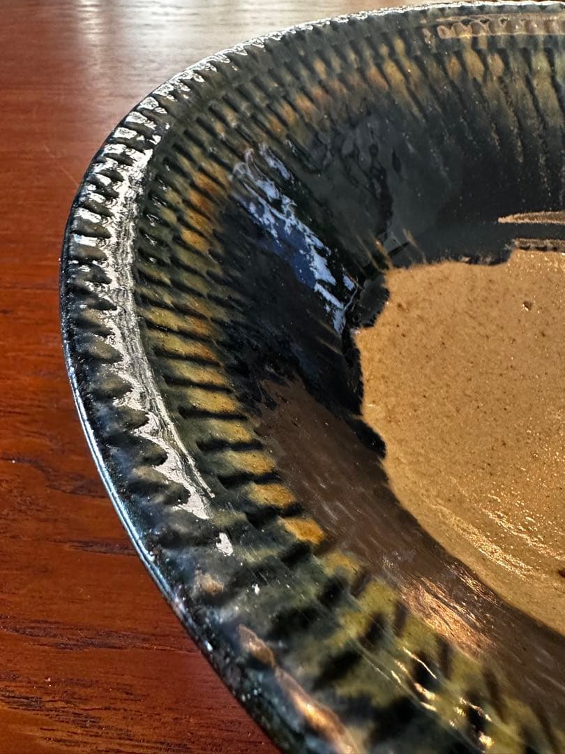 ★週末SALE★やちむん 民藝 読谷山焼 北窯宮城正享9寸飛び鉋青釉窯変深鉢