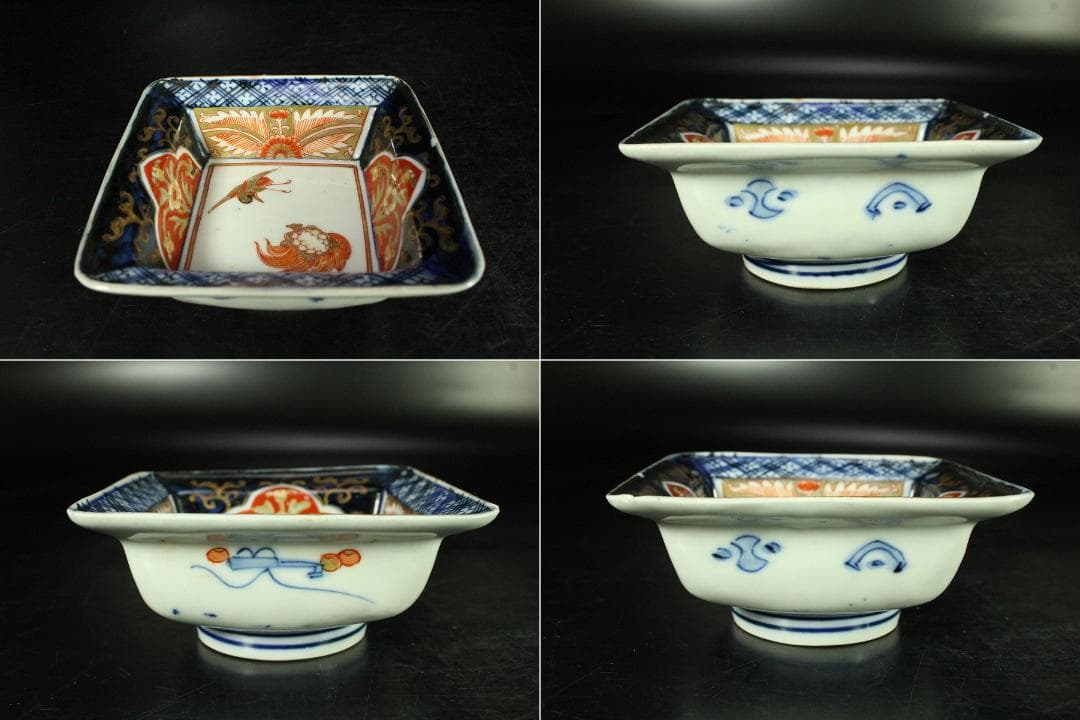 古伊万里 金彩色絵 鶴亀 四方 向付 五客(K-YC605)