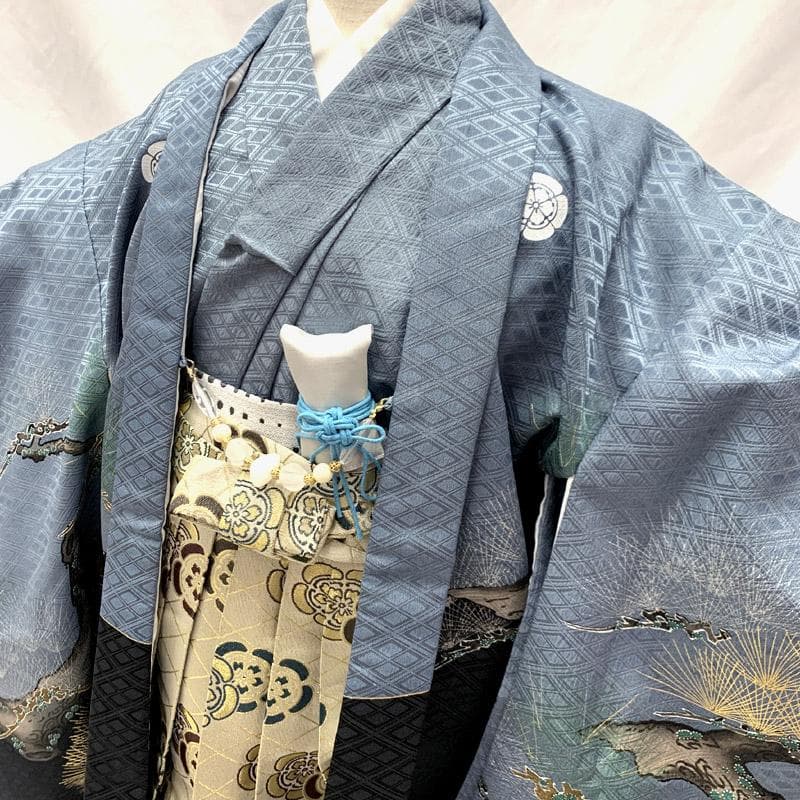 507ab18■七五三 五歳 男児 着物&羽織&袴&角帯 鷹 金彩 松■状態良好