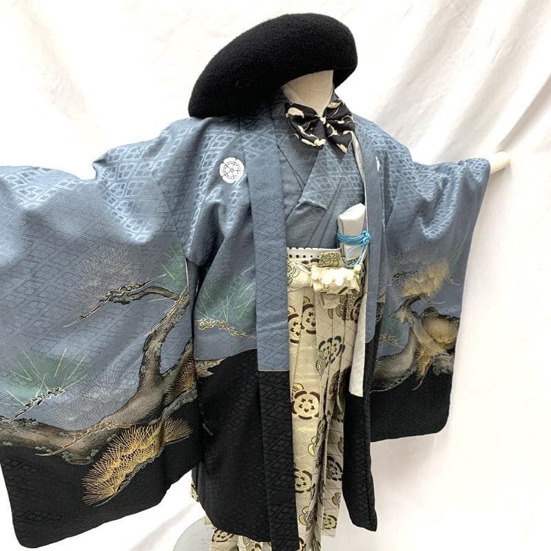 507ab18■七五三 五歳 男児 着物&羽織&袴&角帯 鷹 金彩 松■状態良好