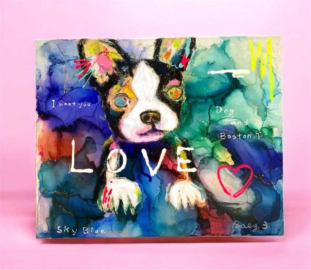 犬　ボストンテリア アクリル画　絵画　キャンバスF3 BAEZ3