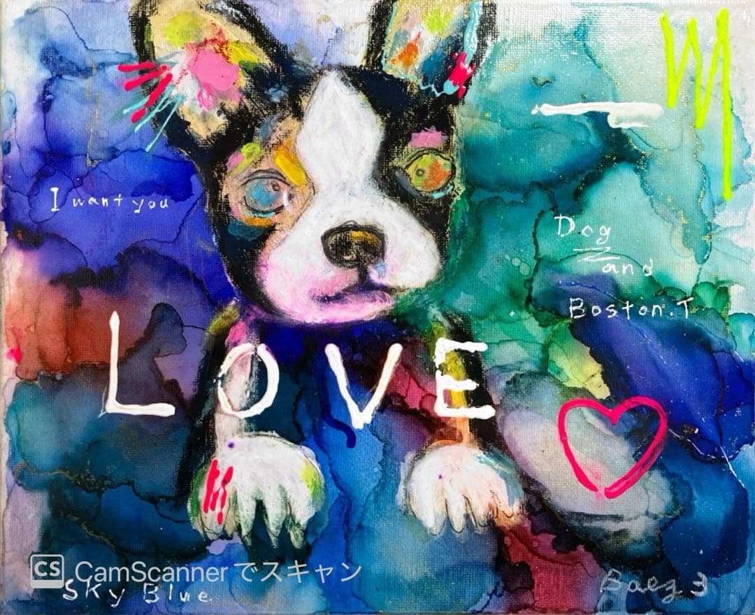 犬　ボストンテリア アクリル画　絵画　キャンバスF3 BAEZ3
