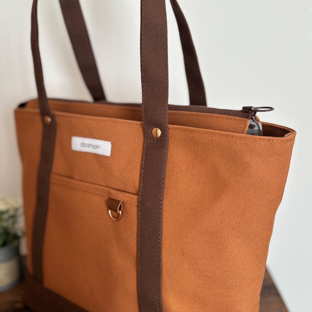 倉敷8号帆布あおりポケット付きトートバッグL キャメル×ココア