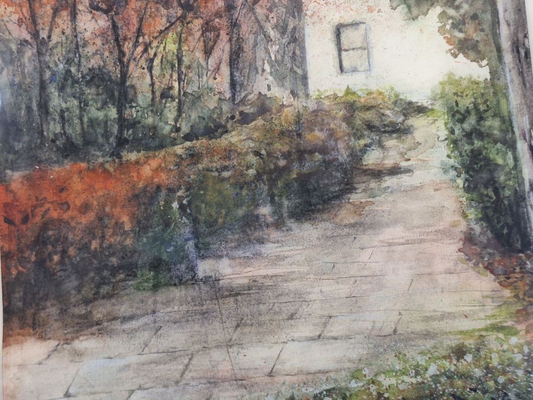 秋の風景 公園の小道水彩画 A4サイズ