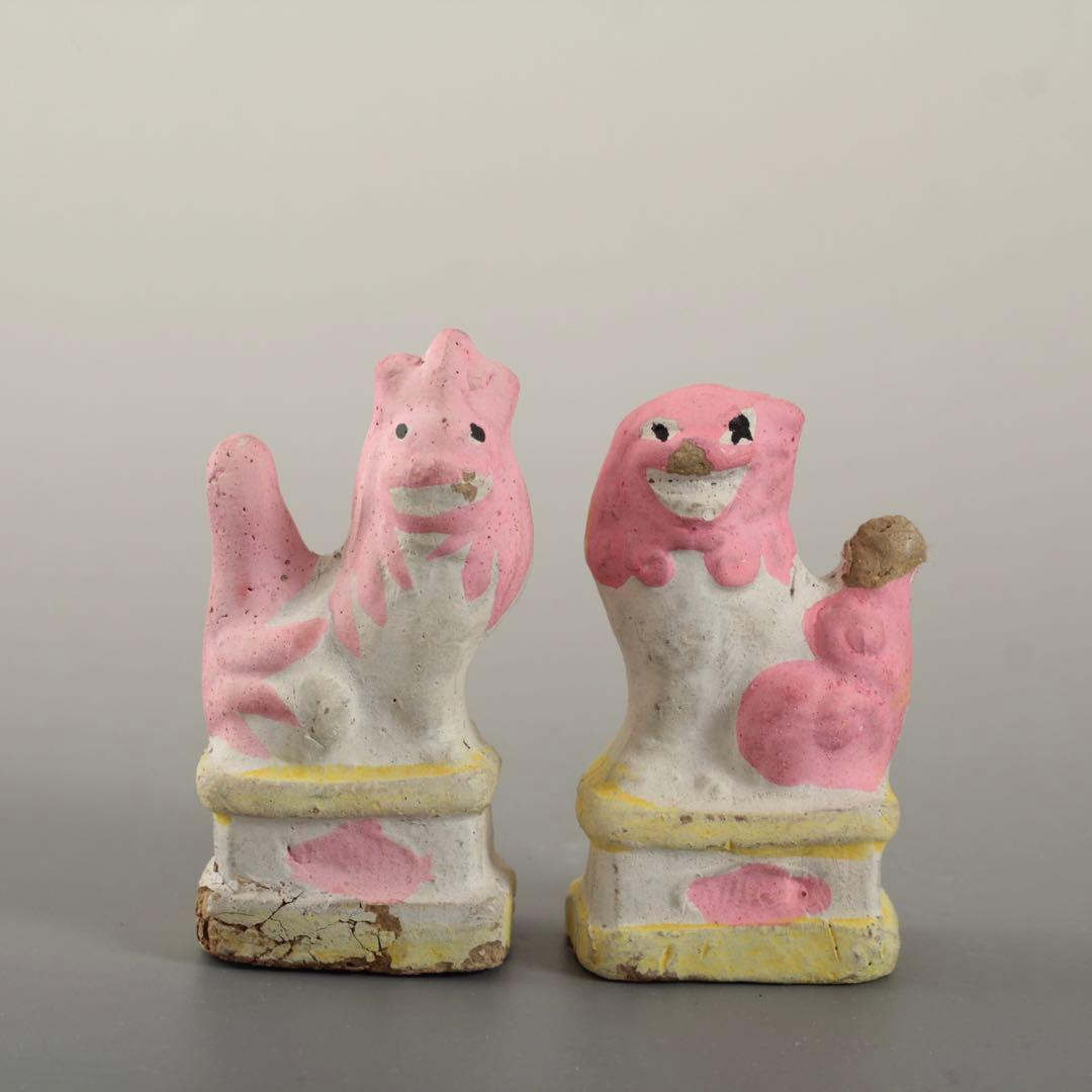 古い 土人形 獅子 狛犬 郷土人形 民芸 古道具 オブジェ 獅子と狛犬