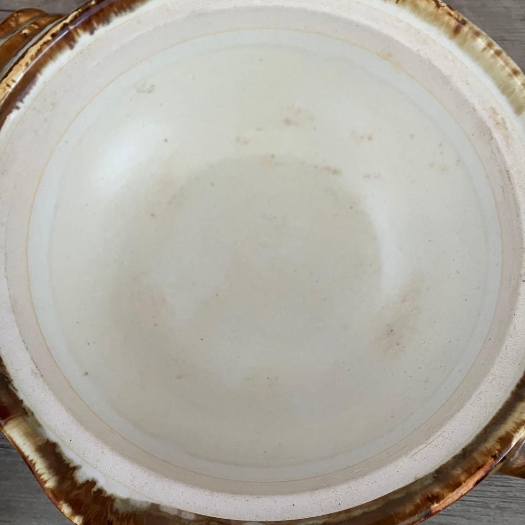 D-4 【銘あり】華山作 梅文様 土鍋 一人用 蓋付き 梅柄 欠けあり レトロ