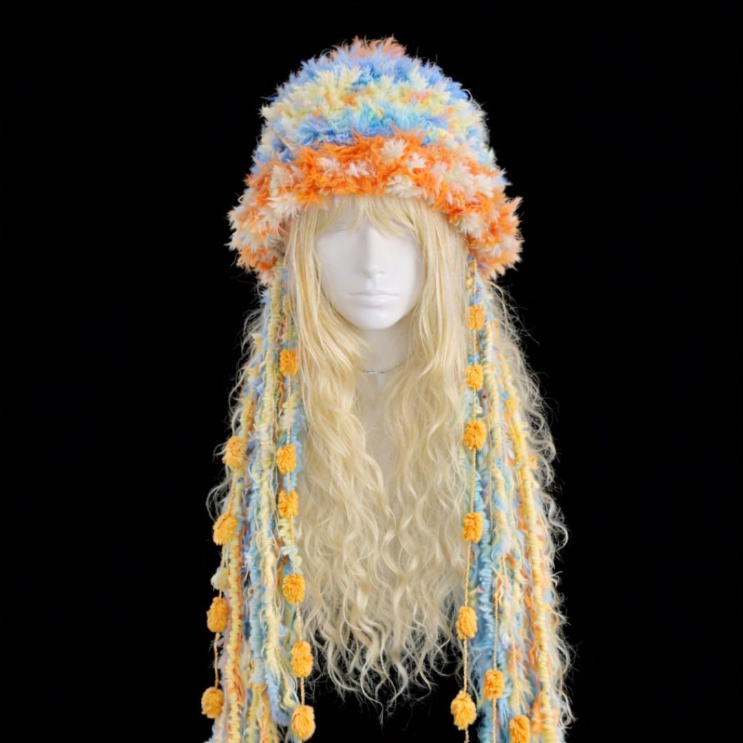 フリンジニット帽ハンドメイド カラフル Jellyfish クラゲデザイン一点物