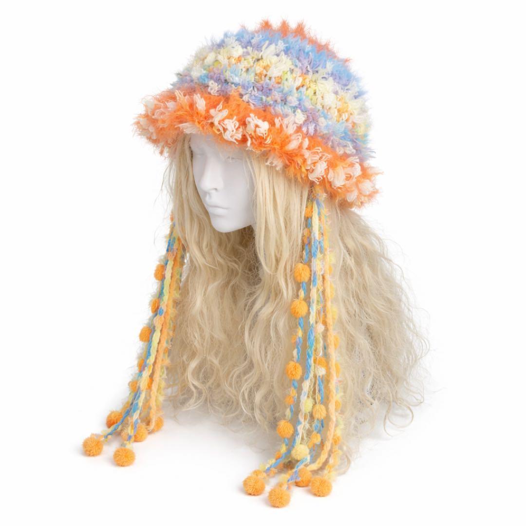 フリンジニット帽ハンドメイド カラフル Jellyfish クラゲデザイン一点物