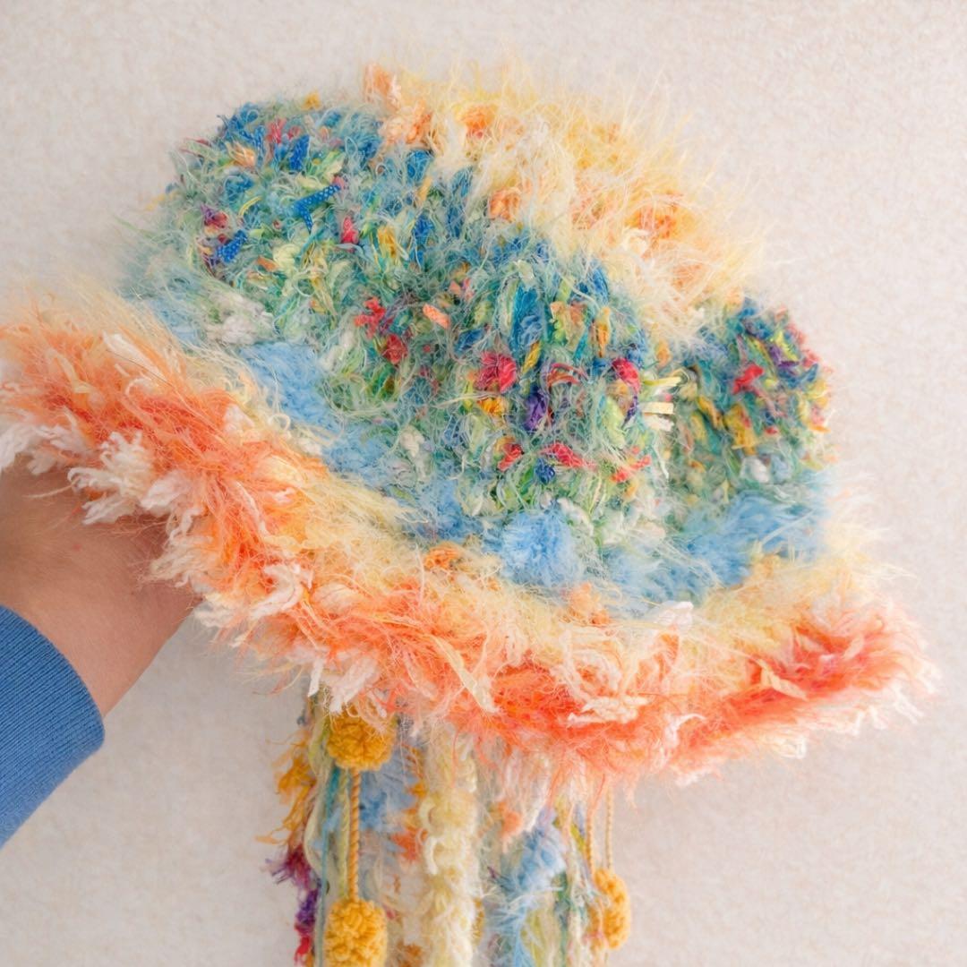 フリンジニット帽ハンドメイド カラフル Jellyfish クラゲデザイン一点物