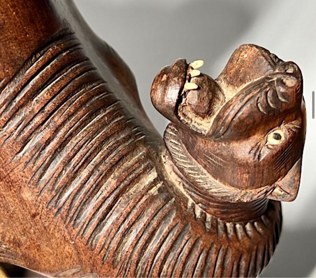 【木彫り】象と虎の闘い 大型置物 39cm アンティーク