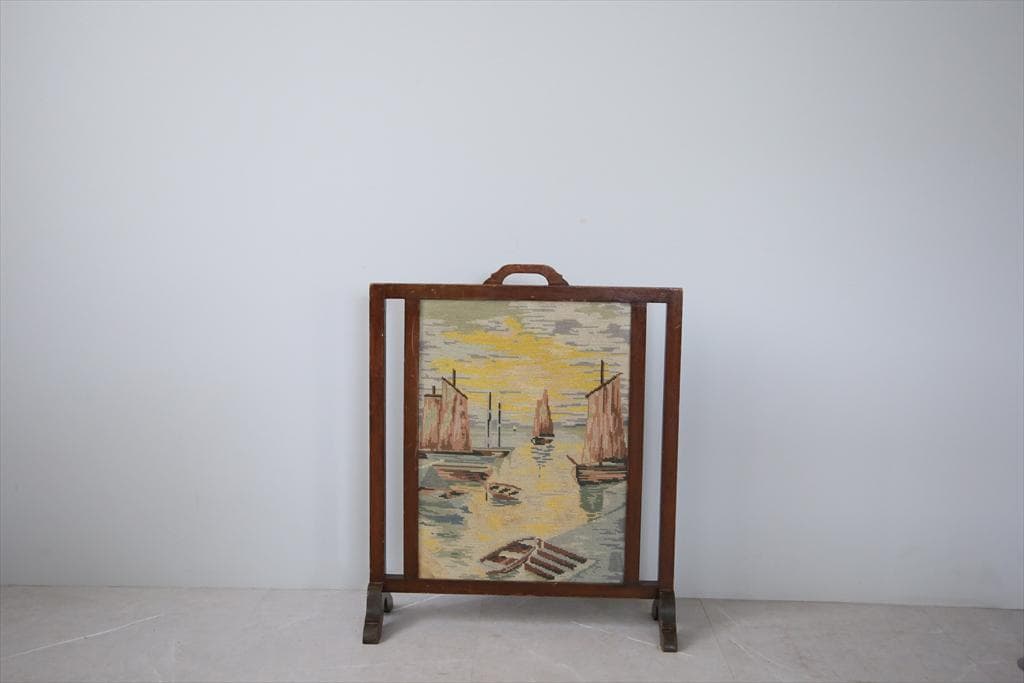 英国アンティーク木製ファイヤースクリーン/衝立/刺繍プチポワン(88-102)