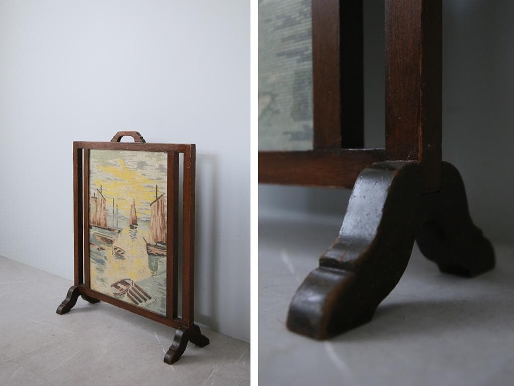 英国アンティーク木製ファイヤースクリーン/衝立/刺繍プチポワン(88-102)