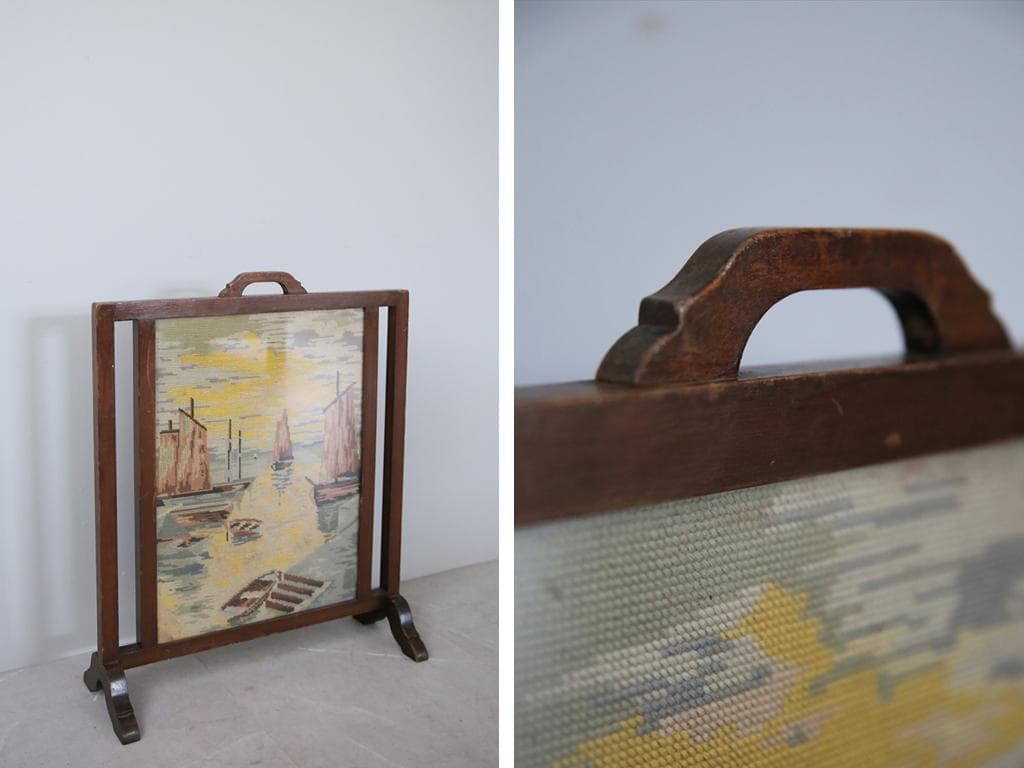 英国アンティーク木製ファイヤースクリーン/衝立/刺繍プチポワン(88-102)