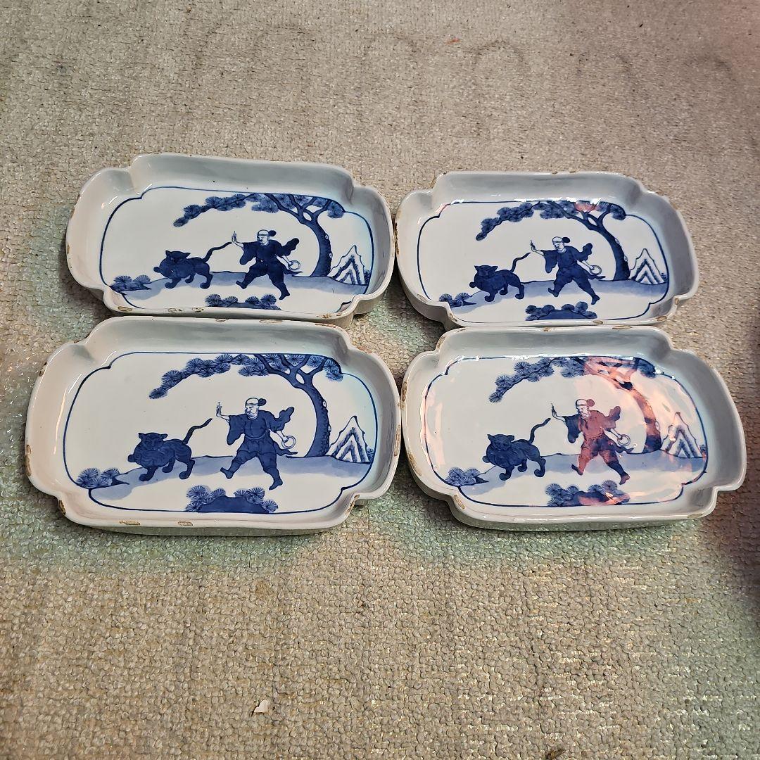 明治 古伊万里？ 京焼？ 古染付け写し 懐石用 虎に人 5客セット＋4客合計9客