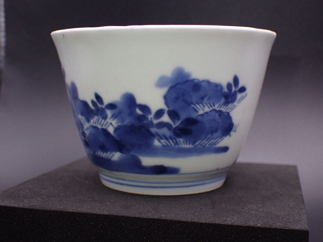 【優品※見込みに磁貫1本】古伊万里 <藍 柿 庭木の図>そば猪口 骨董品(17)