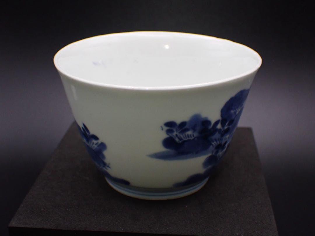 【優品※見込みに磁貫1本】古伊万里 <藍 柿 庭木の図>そば猪口 骨董品(17)