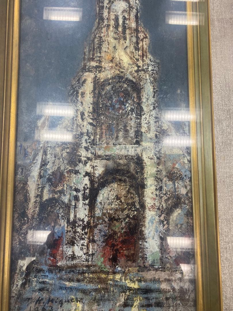【樋口加六】油彩画「メニールモンタンの寺院」サイン有 大型額装 風景画 油絵絵画