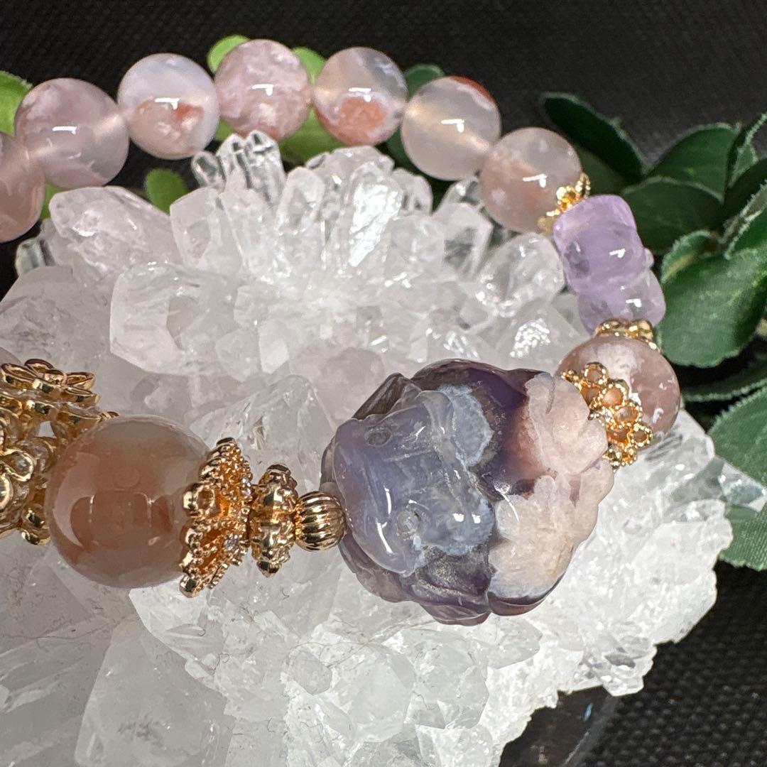 ブルー桜瑪瑙　ミニロングイ　龍亀　ラベンダーアメジストお花　桜瑪瑙　ブレスレット