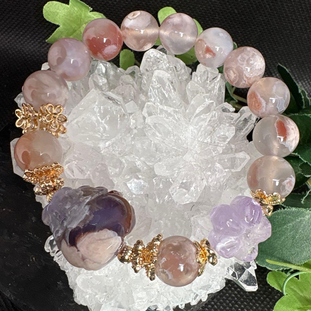ブルー桜瑪瑙　ミニロングイ　龍亀　ラベンダーアメジストお花　桜瑪瑙　ブレスレット