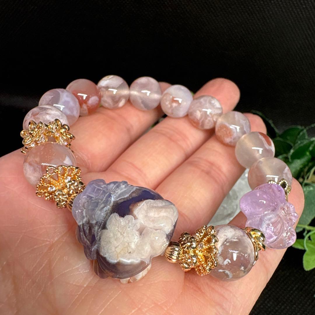 ブルー桜瑪瑙　ミニロングイ　龍亀　ラベンダーアメジストお花　桜瑪瑙　ブレスレット