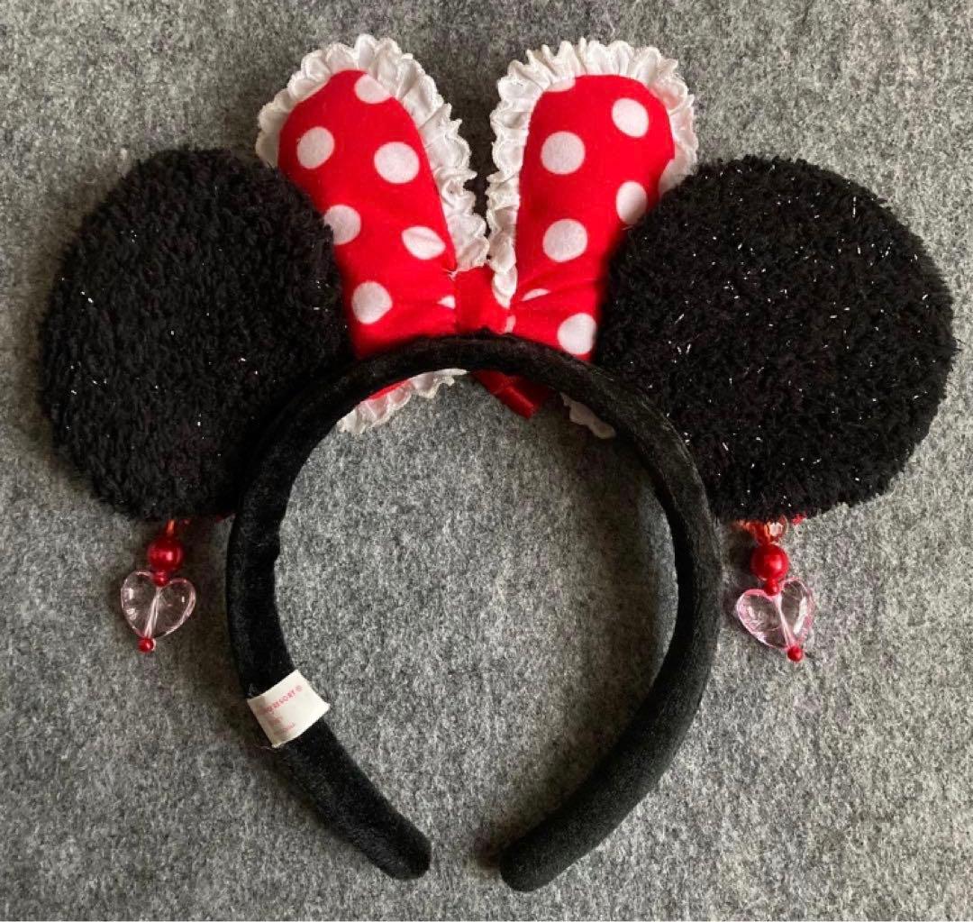 ディズニー　カチューシャ　赤　イヤリング　ドット　リボン　ミニー　水玉　レース