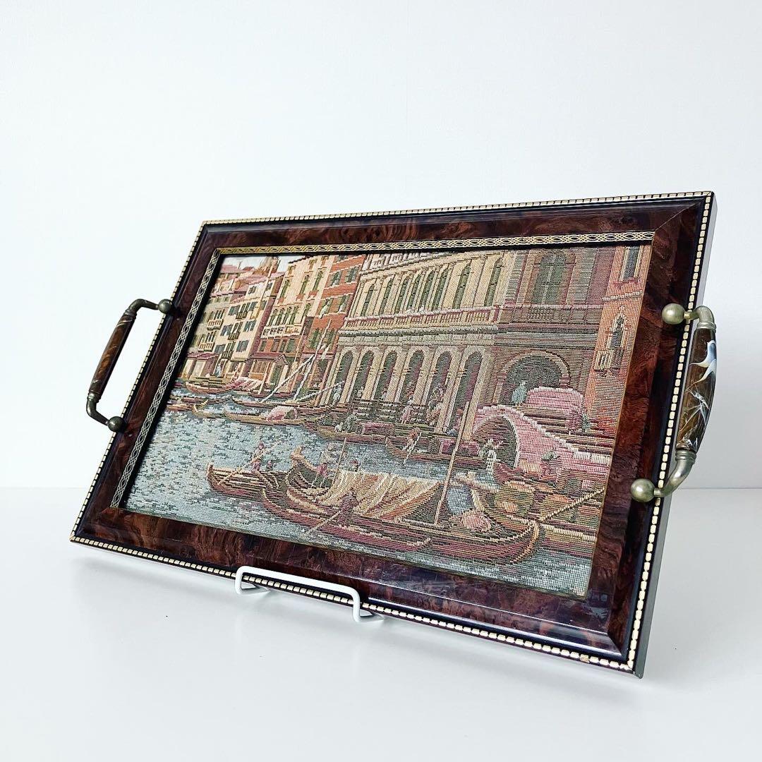 刺繍　インテリアトレイ　イタリア　ビンテージ雑貨　ブロカント　蚤の市　古道具