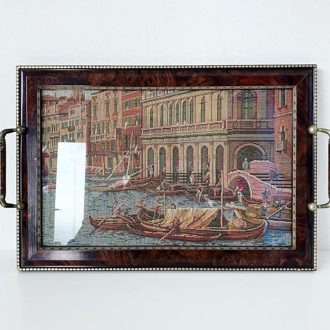 刺繍　インテリアトレイ　イタリア　ビンテージ雑貨　ブロカント　蚤の市　古道具