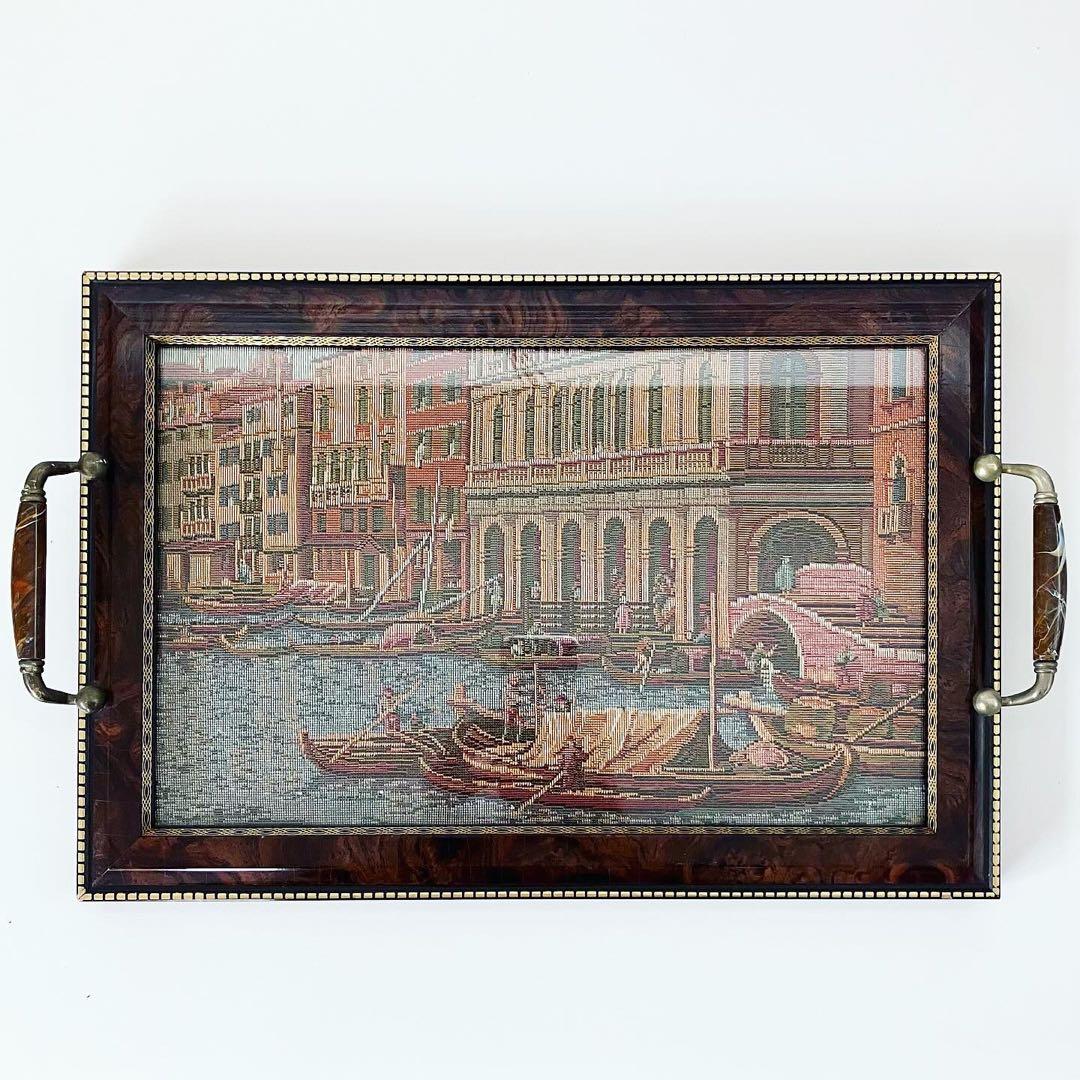 刺繍　インテリアトレイ　イタリア　ビンテージ雑貨　ブロカント　蚤の市　古道具