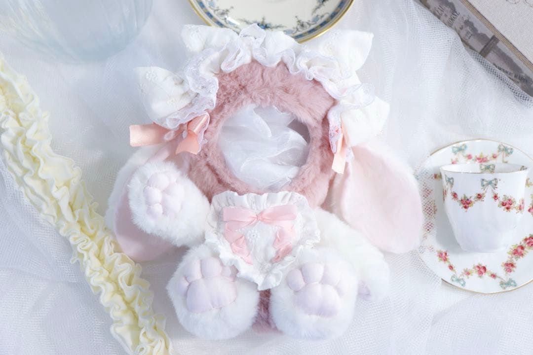 【約16cm 】手が動く♡肉球おすわりぬい服 ピンク×ホワイト垂れ耳うさぎ