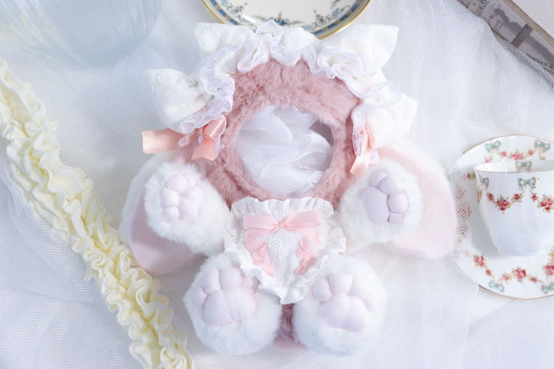 【約16cm 】手が動く♡肉球おすわりぬい服 ピンク×ホワイト垂れ耳うさぎ