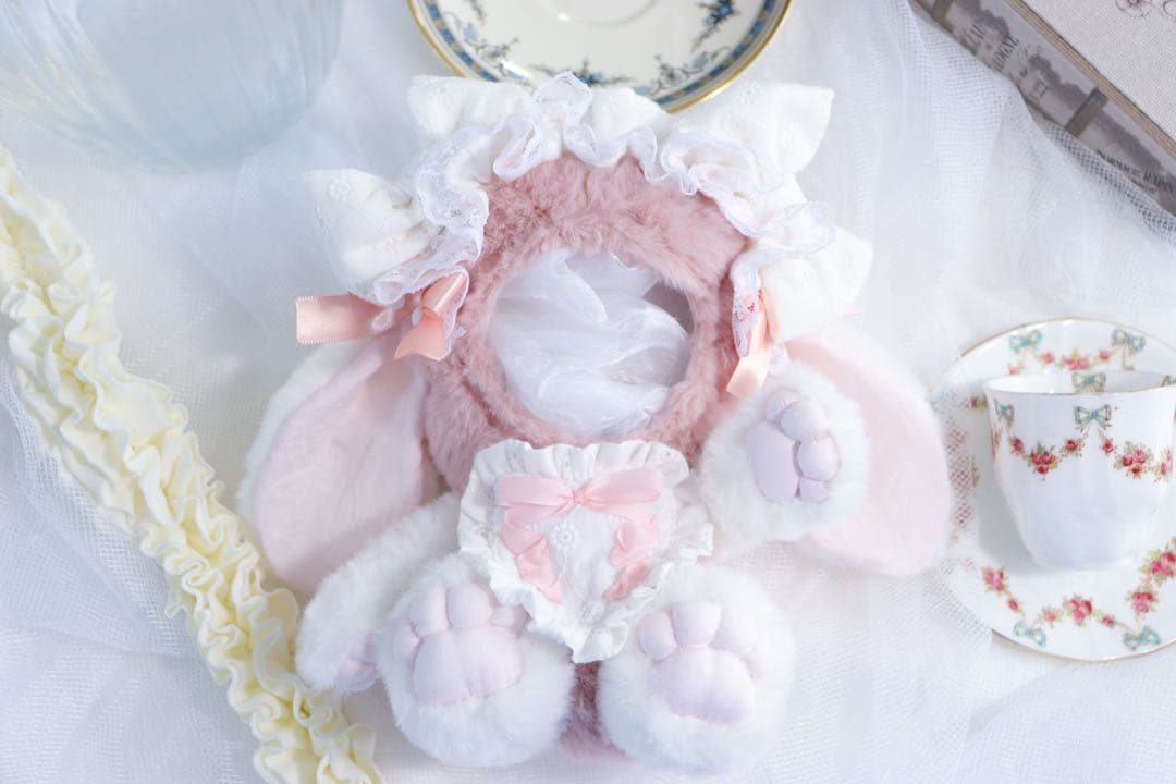 【約16cm 】手が動く♡肉球おすわりぬい服 ピンク×ホワイト垂れ耳うさぎ