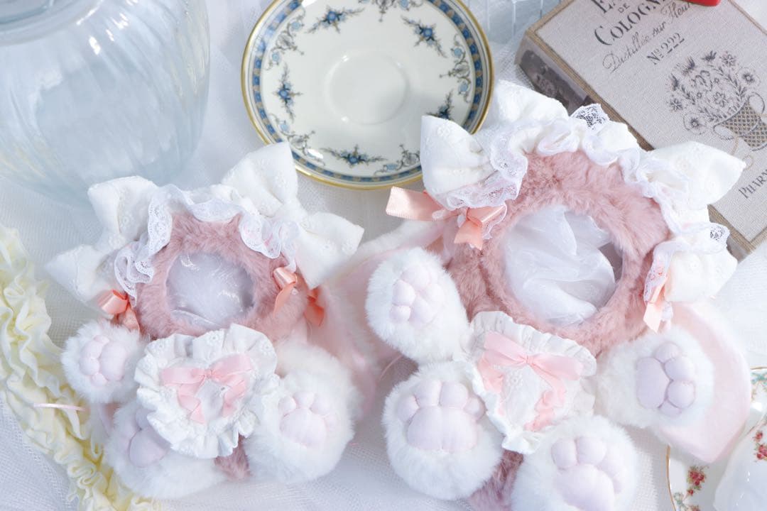 【約16cm 】手が動く♡肉球おすわりぬい服 ピンク×ホワイト垂れ耳うさぎ