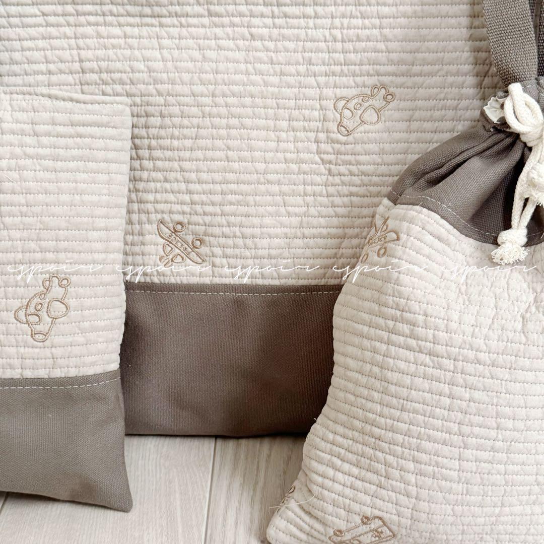 【送料無料】入園入学3点セットはたらくくるま刺繍ベージュブラウン