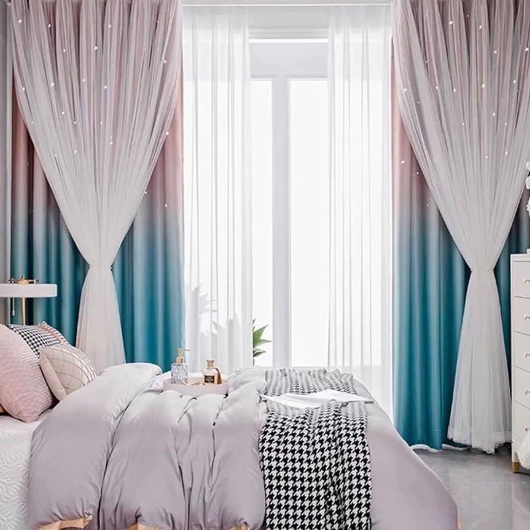 レースカーテン＋虹色グラデーションドレープカーテンの２組セット星型型抜き
