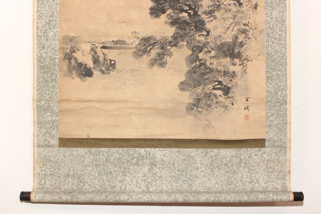 No5664 掛軸　在名　金峨　山水画賛　紙本　共箱　水墨山水　日本画　送料無料