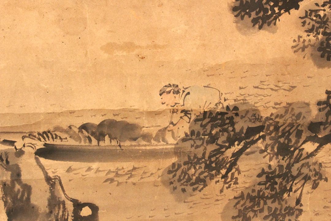 No5664 掛軸　在名　金峨　山水画賛　紙本　共箱　水墨山水　日本画　送料無料