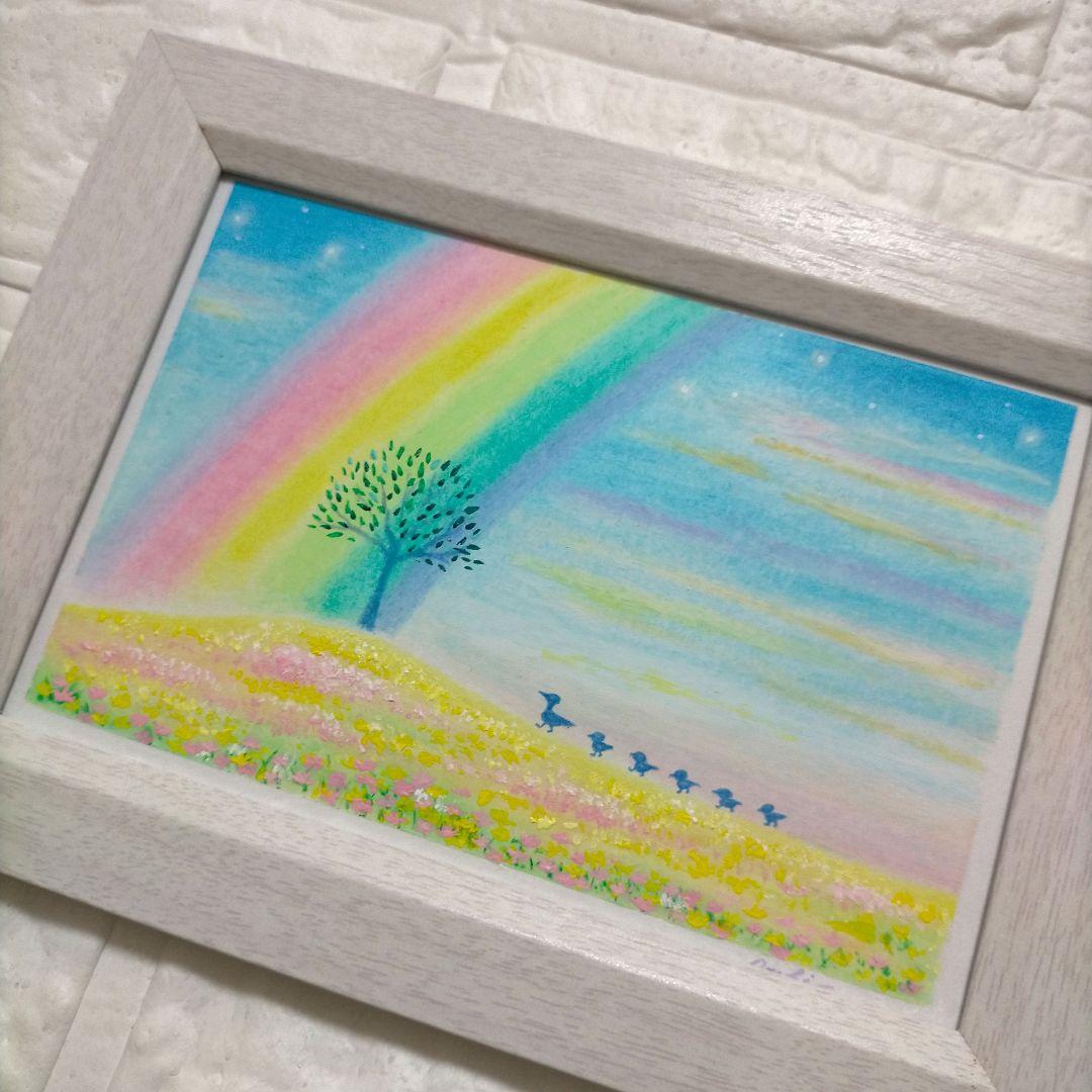 カルガモ親子の散歩 虹色のお花畑 オイルパステル画 原画 ハガキサイズ #25