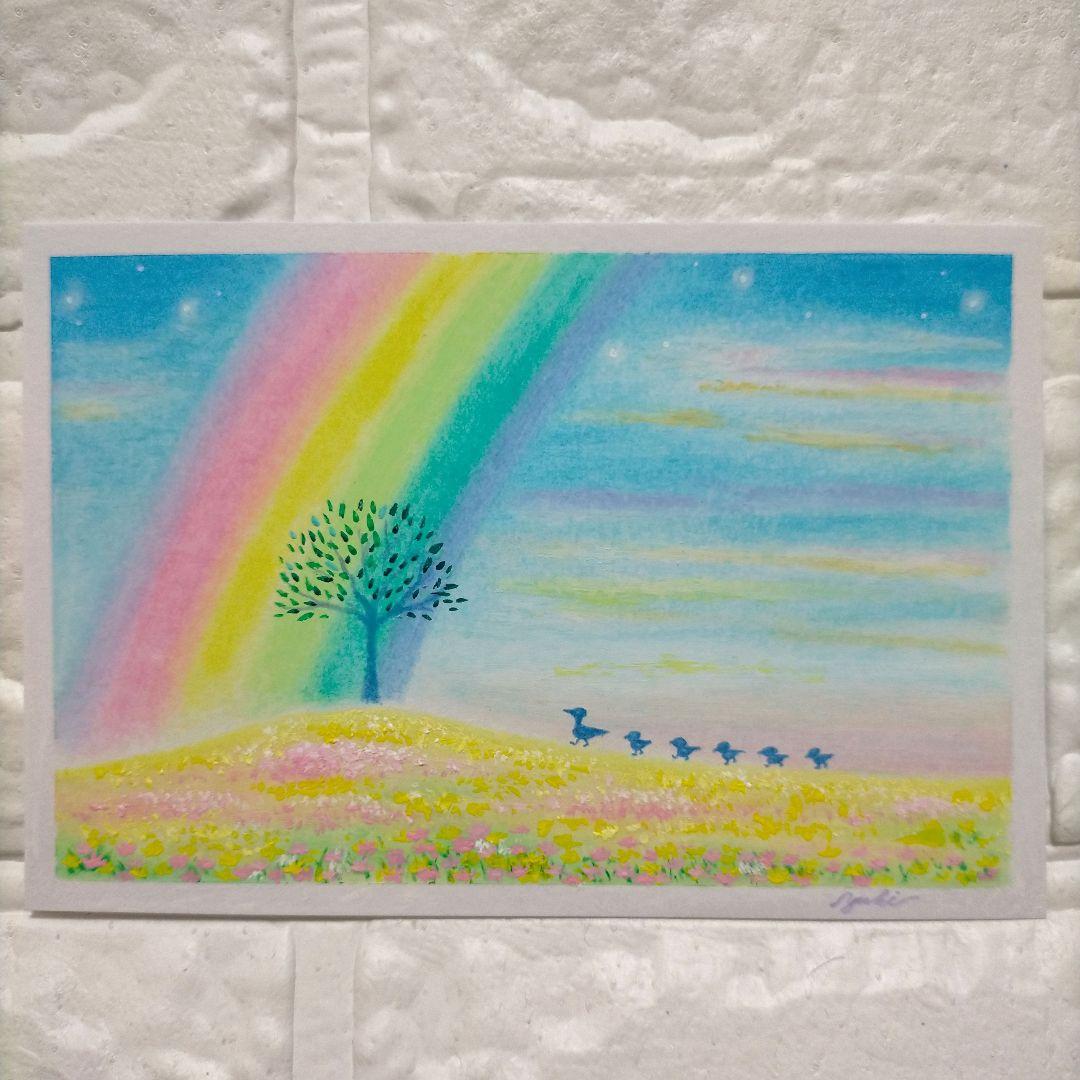 カルガモ親子の散歩 虹色のお花畑 オイルパステル画 原画 ハガキサイズ #25