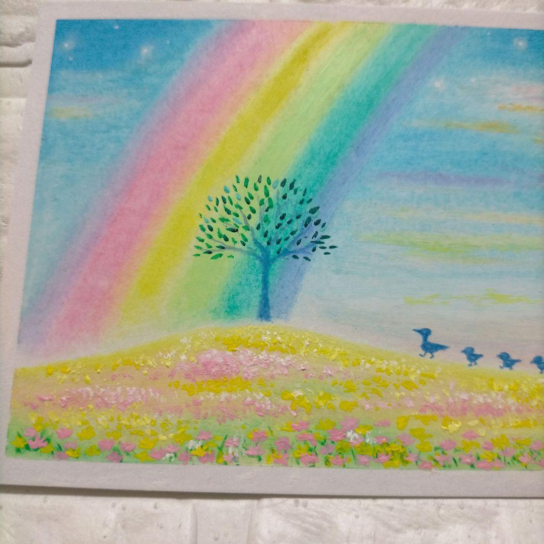 カルガモ親子の散歩 虹色のお花畑 オイルパステル画 原画 ハガキサイズ #25