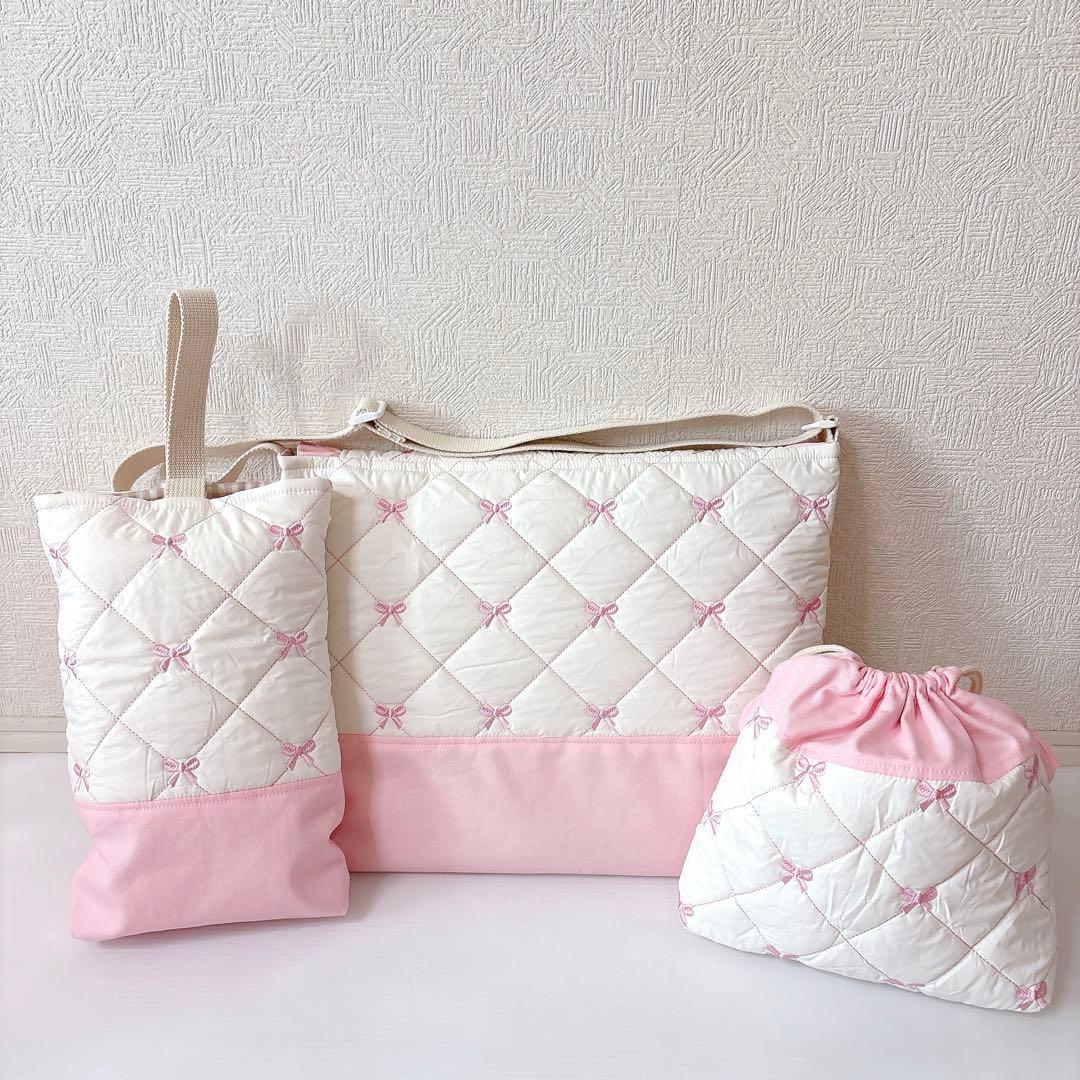 図書バッグ 上履き入れ　コップ袋　リボンキルト