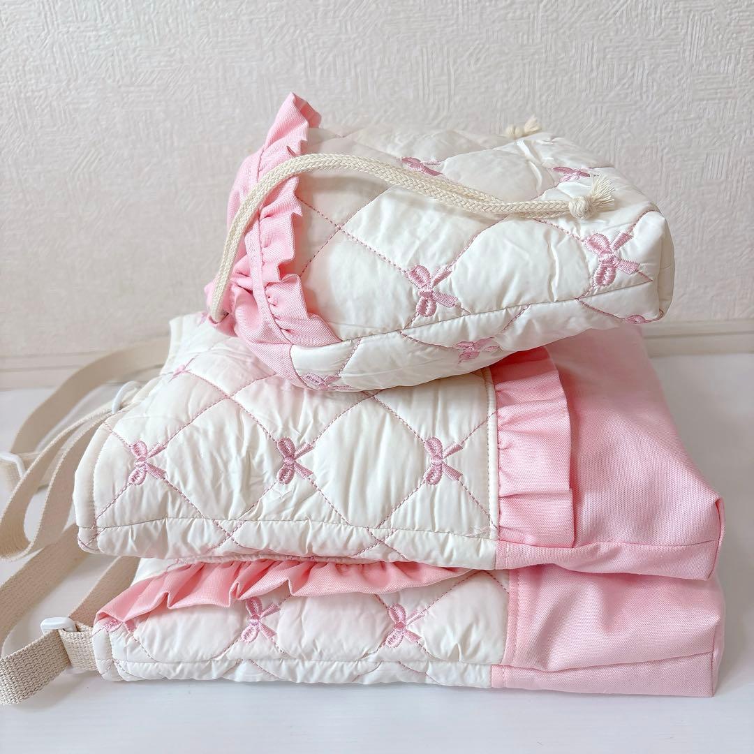 図書バッグ 上履き入れ　コップ袋　リボンキルト