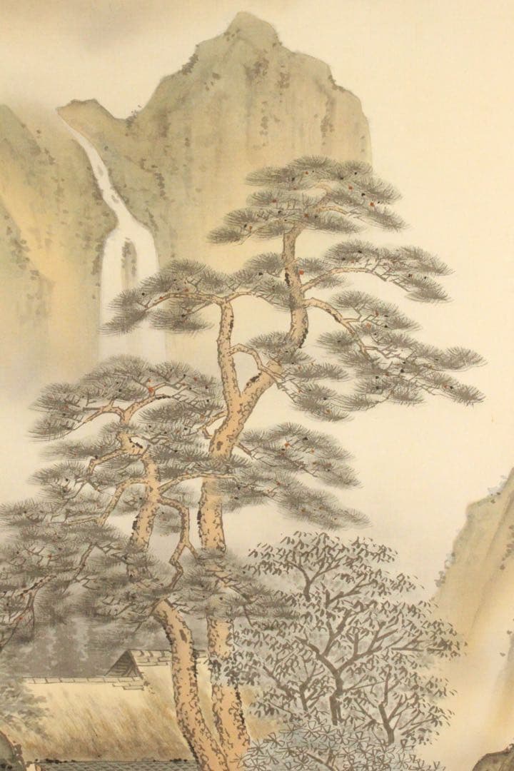 No5128 掛軸　在銘　伯鈴　山水図　絹本着色　合箱　日本画　古美術　送料無料