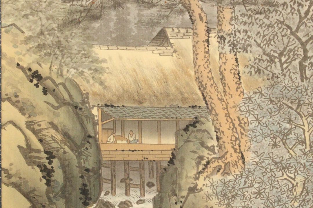 No5128 掛軸　在銘　伯鈴　山水図　絹本着色　合箱　日本画　古美術　送料無料