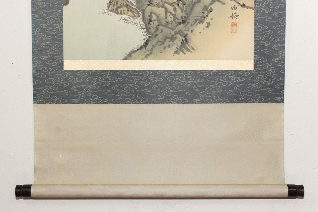 No5128 掛軸　在銘　伯鈴　山水図　絹本着色　合箱　日本画　古美術　送料無料