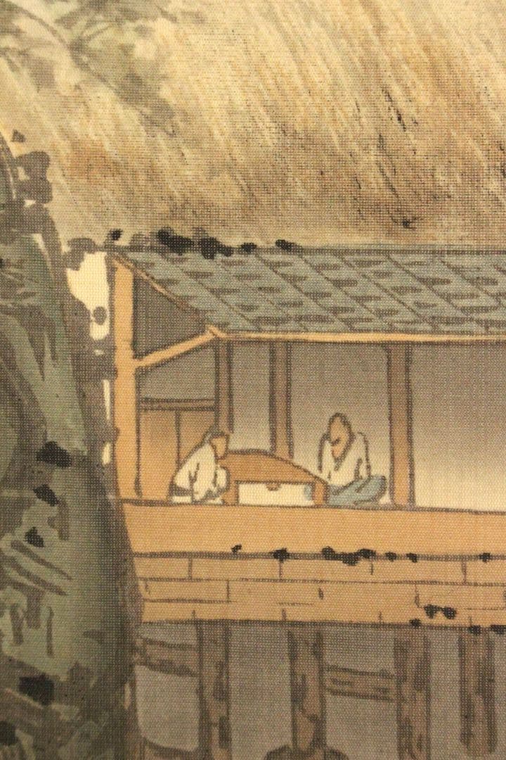 No5128 掛軸　在銘　伯鈴　山水図　絹本着色　合箱　日本画　古美術　送料無料