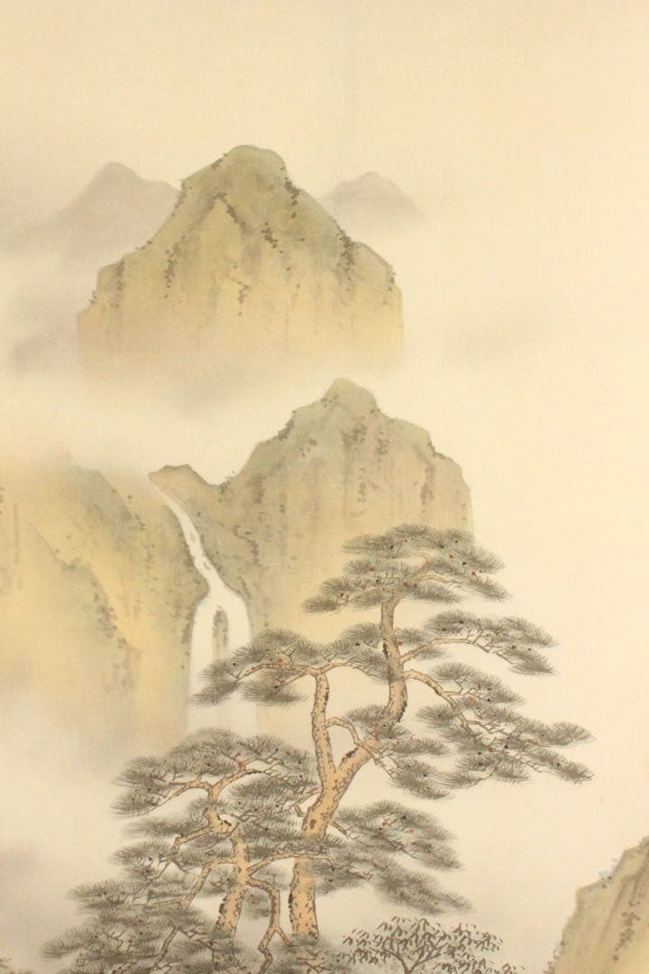 No5128 掛軸　在銘　伯鈴　山水図　絹本着色　合箱　日本画　古美術　送料無料