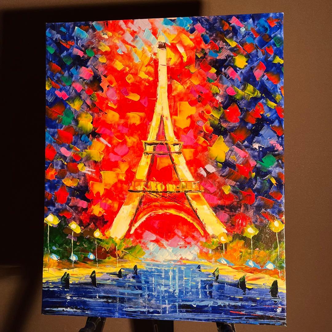 手書き油絵 パリの風景 エッフェル塔 インテリア 絵画 油彩画
